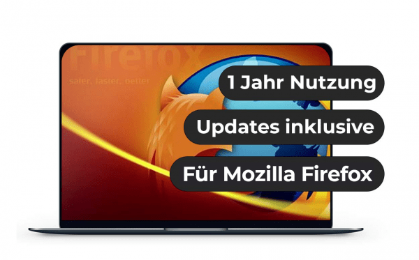 Das Bild zeigt einen Laptop, auf dessen Bildschirm das Logo von Mozilla Firefox zu sehen ist. Ebenso steht da: "1 Jahr Nutzung", "Updates inklusive", "Für Mozilla Firefox"