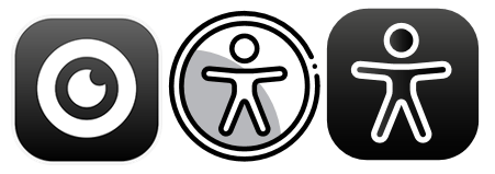 Puedes ver los iconos en Eye-Able . Uno de los iconos es un ojo, el segundo y el tercero representan al varón por accesibilidad, estirando sus 4 extremidades fuera del cuerpo.