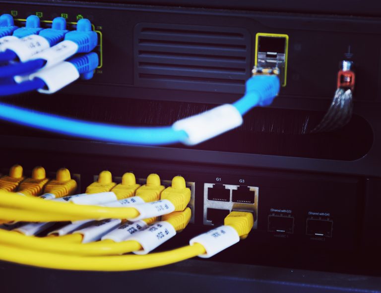 On voit ici un serveur. Ici, différents câbles sont branchés dans les connecteurs prévus à cet effet.