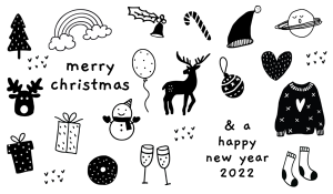Bilden är svartvit. Den visar många ritade julsaker, som julgran och julhatt. Du kan läsa &quot;God jul&quot; och &quot;Gott nytt år 2022&quot;