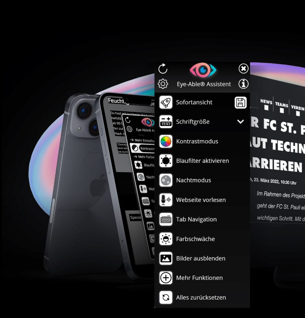 La imagen muestra la barra de herramientas de Eye-Able delante de un ordenador y un teléfono móvil.
