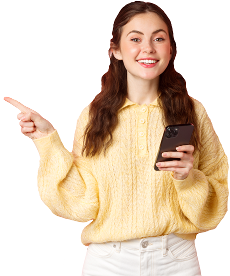 Young woman pointing with one finger, holding a cell phone with the other.