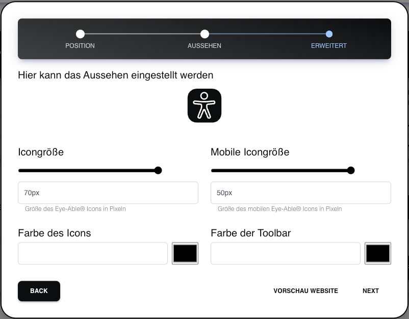L'immagine mostra il menu di personalizzazione nella dashboard di Eye-Able. Qui è possibile regolare le dimensioni e il colore di Eye-Able .