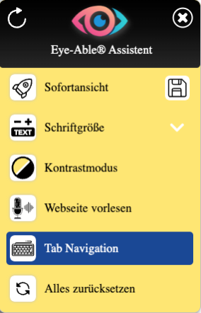 Cette image montre la barre d'outils Eye-Able avec la navigation au clavier activée. Ceci est mis en évidence par la couleur bleue.