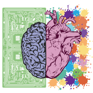 Mezzo cervello su uno sfondo di una tavola e mezzo cuore su uno sfondo colorato