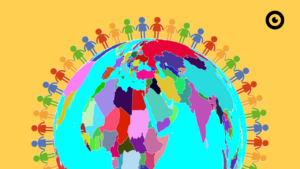 Colorful stick figures stand hand in hand around the globe.