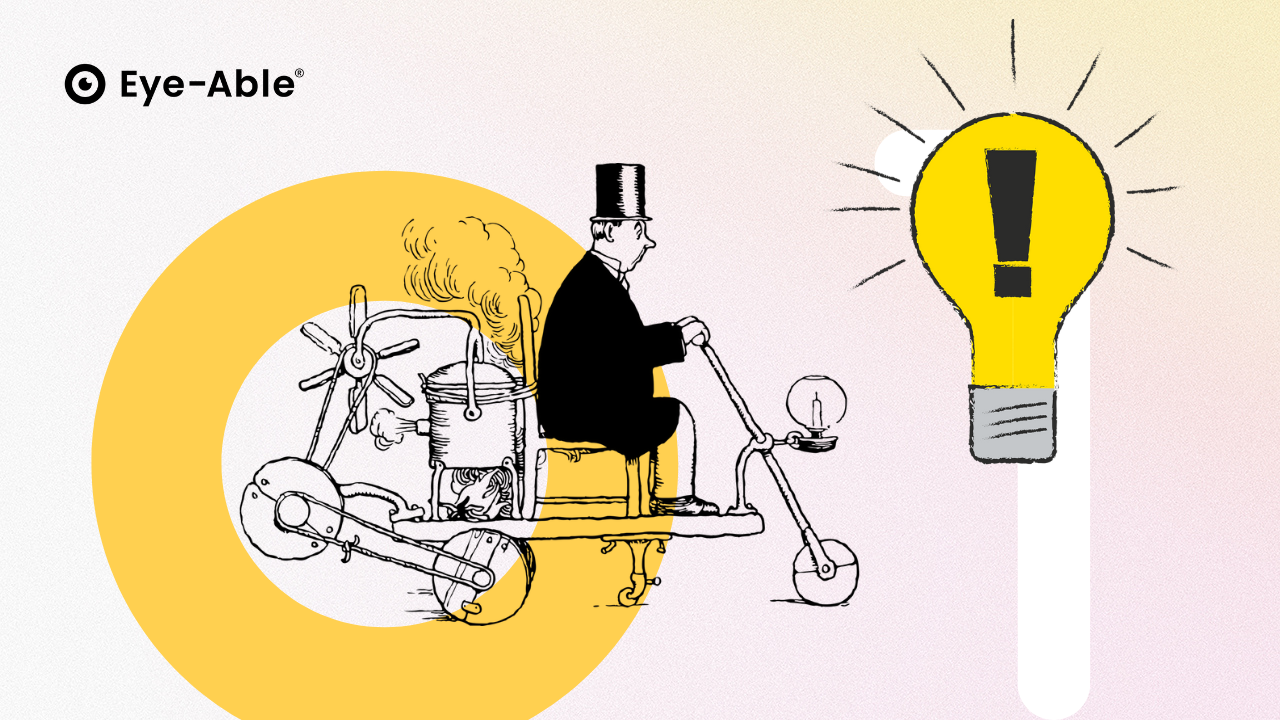 Uma lâmpada amarela está representada no lado esquerdo da imagem num estilo gráfico. No seu interior, está representado um ponto de exclamação preto. O lado direito da imagem mostra um homem com uma cartola numa máquina a vapor com rodas.