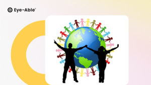 Twee mensen gooien jubelend hun handen in de lucht voor een wereldbol. Kleurrijke stokfiguren staan hand in hand rondom de wereldbol.
