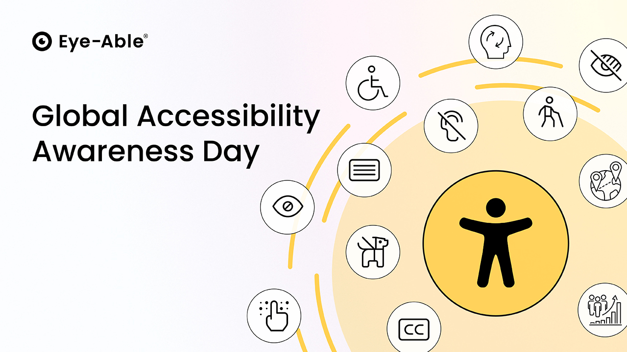 The stick figure for accessibility can be seen on the right-hand side of the picture. It is surrounded by other symbols that fit the theme, such as a stick figure in a wheelchair, a guide dog and an eye. &quot;Global Accessibility Day&quot; is written on the left-hand side of the picture.