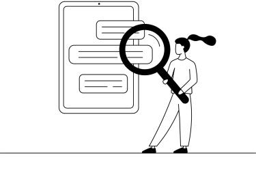 Person med forstørrelsesglass i hånden foran en nettside